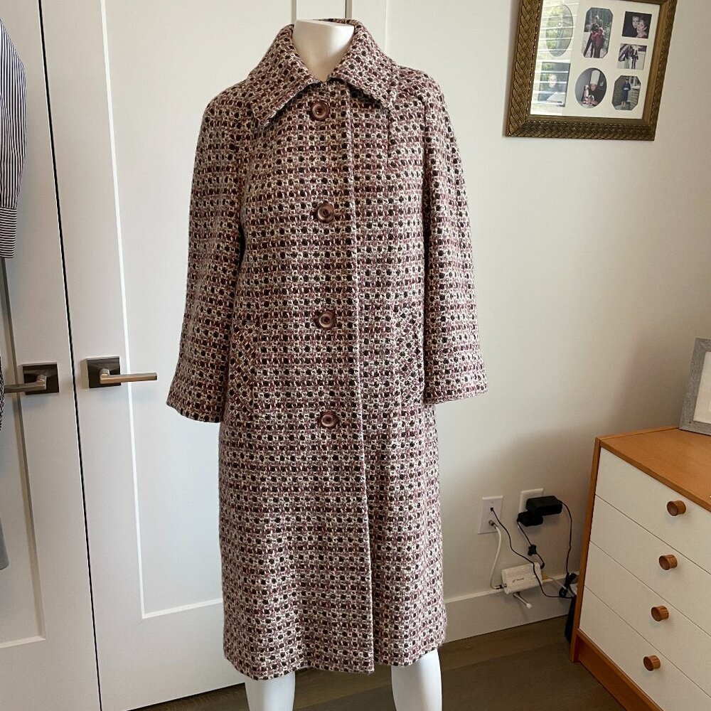 Eastex Vintage Made in England Lined Button Down Tweed Coat Burg Wht Grey Brn 8